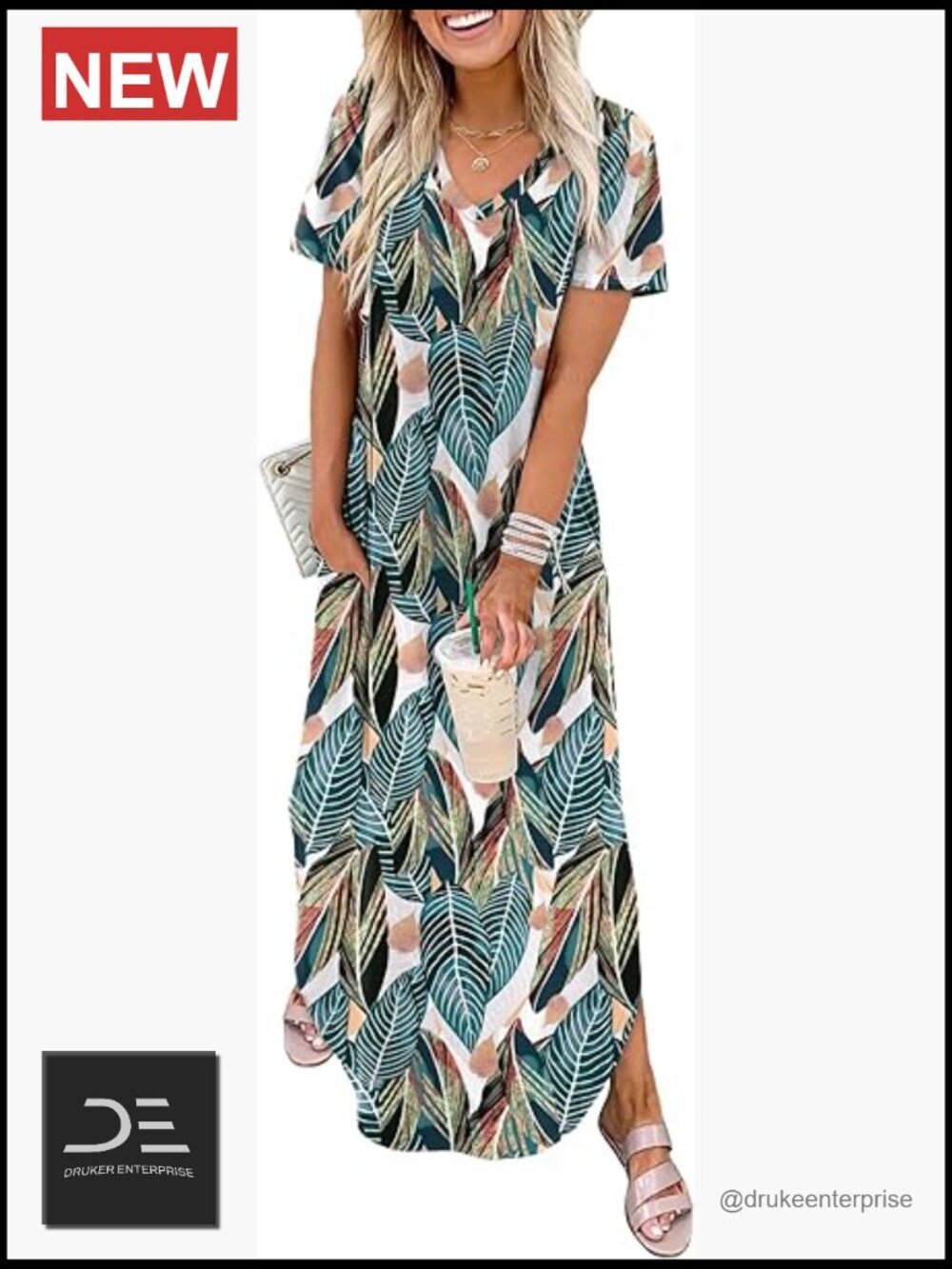 Women's V-Neck Maxi Dress with Pockets Short Sleeve Summer Casual Fit & Flare